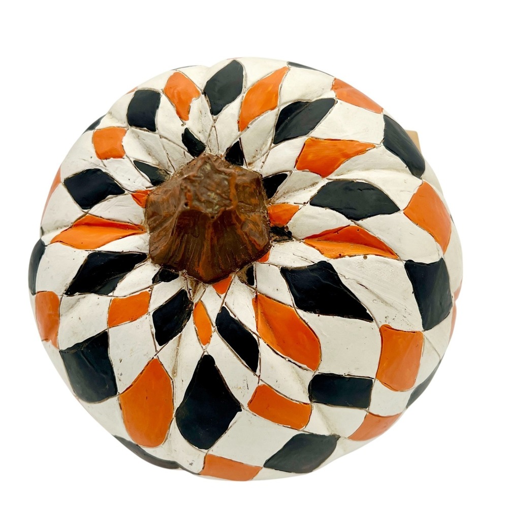 Vintage Black Orange White Hand Painted Harlequin Halloween Pumpkin Decor Fall - Picture 2 of 11